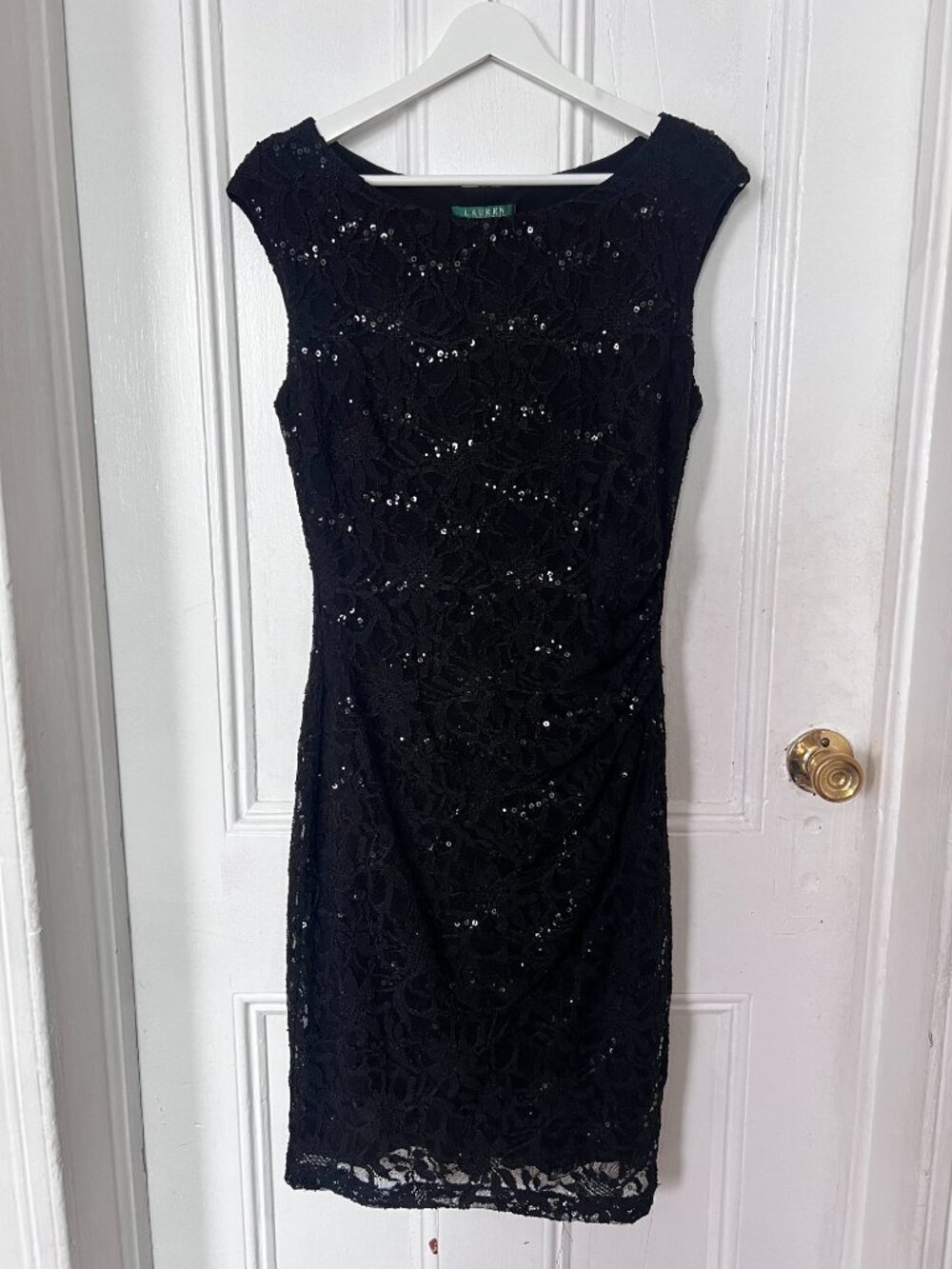 Lauren Ralph Lauren Black Silhouette Sequin Lace Cocktail Sheath Ruched Dress 10